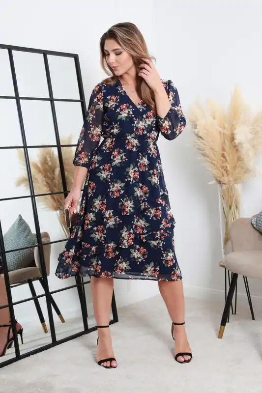 Printed Navy Wrap Dress With Tiered Frill Detail - DOUBLE SECOND