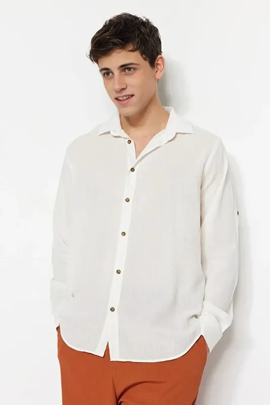 Linen-Look Long Sleeve Shirt with Roll-Up Sleeves