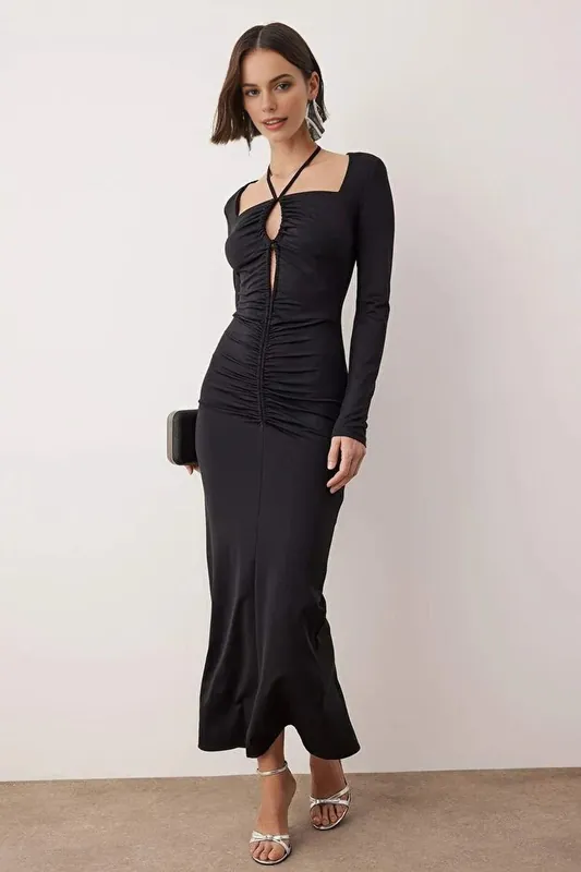 Ruched Halter Neck Maxi Evening Dress - WOVCOR