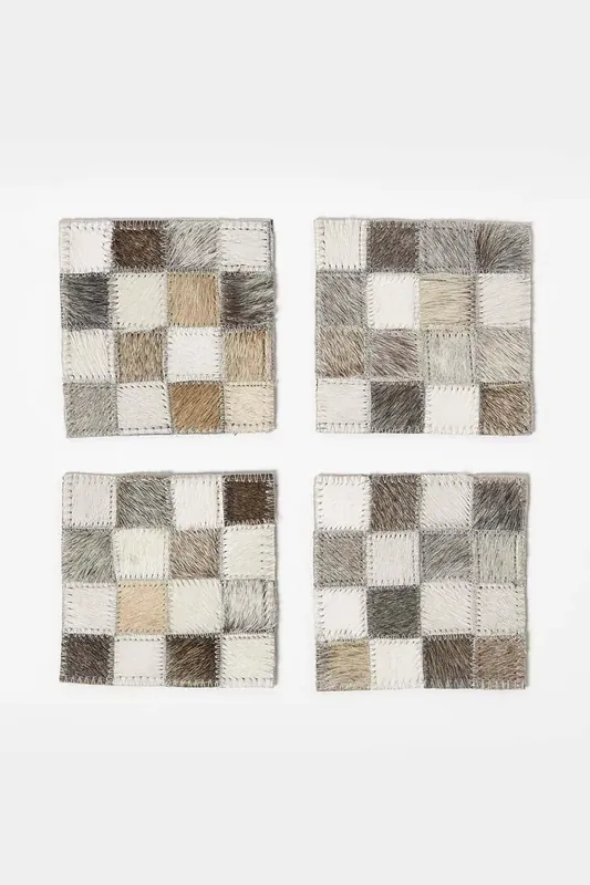 Block Check Grey Leather Coasters Set of 4 - Homescapes