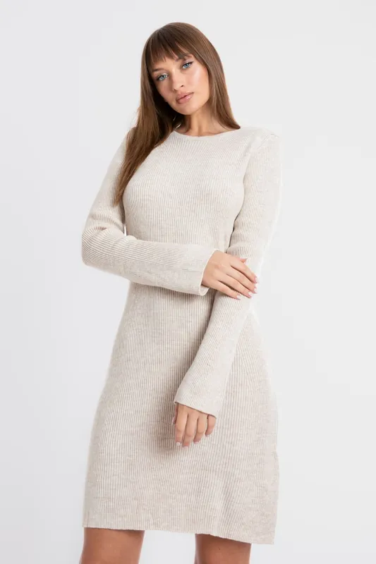 Knitted Round Neck Long Sleeve Mini Dress with a Back Cut Out - Hiccup