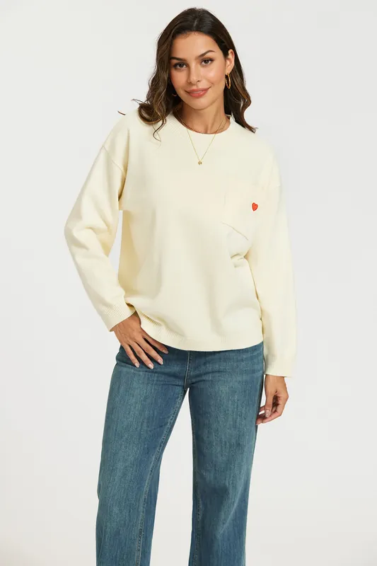 Heart Embroidered Knit Jumper Top In Cream - FS Collection
