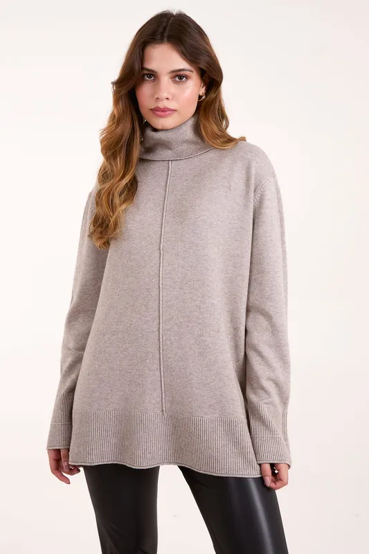 Roll Neck Jumper With Front Seam Detail - Blue Vanilla
