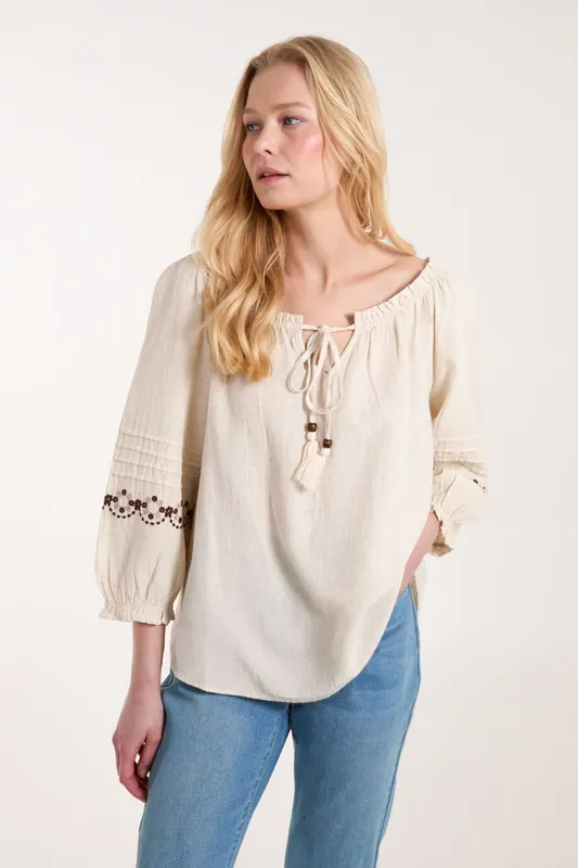 Embroidered Pleated Sleeve Top - Blue Vanilla