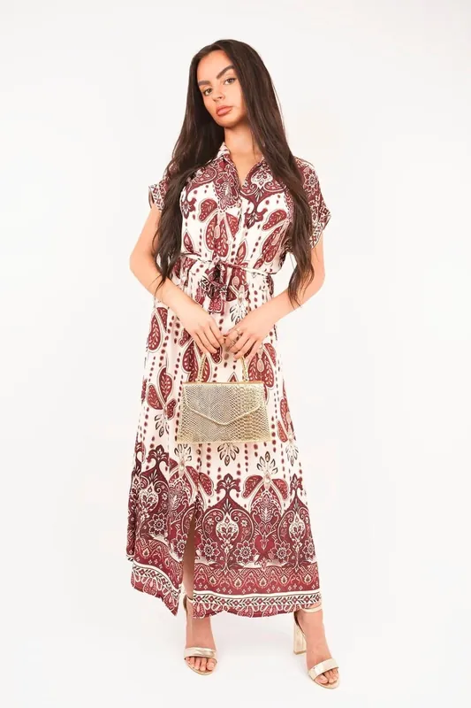 Lianne Collared Short Sleeve Midi Dress With Tie Waist - IKRUSH
