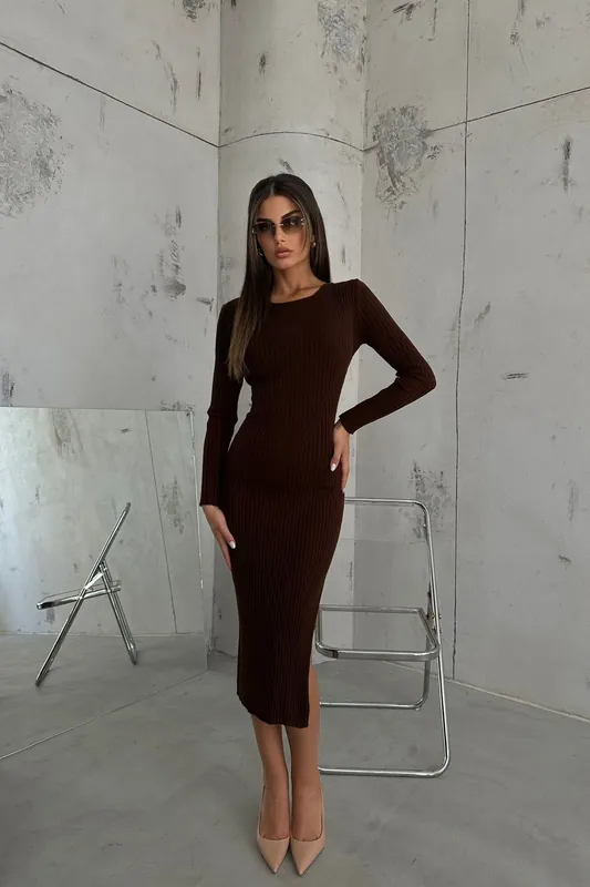 Round Neck Slit Long Sleeve Maxi Dress - Hiccup