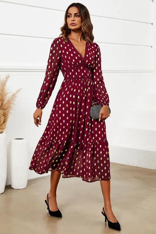 Gold Foil Lace Trim Long Sleeve Midi Dress - FS Collection
