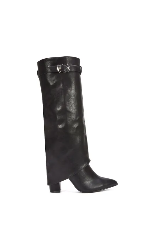 Aaliyah' Fold Over Boots Block Heel Buckle Point Toe - XY London
