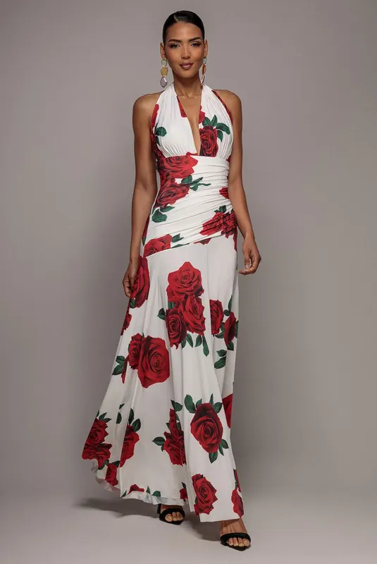 Halter Neck Empire Waist Gathered Maxi Dress - Goddiva