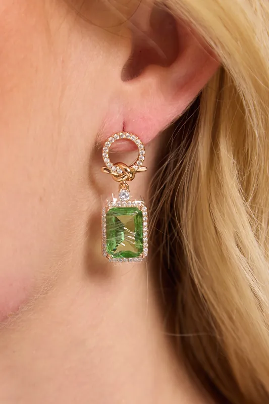 Gold Green Crystal Emerald Cut Earrings - Liquorish