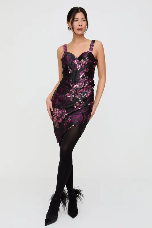 Derry Floral Lurex Jacquard Mini Dress In Black - Lily and Lionel