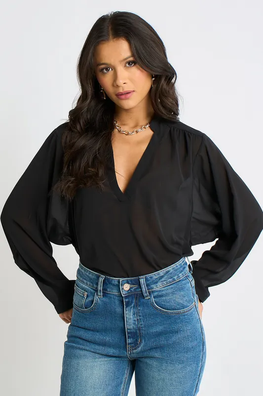 Black Textured Chiffon Oversized Blouse - Gini London