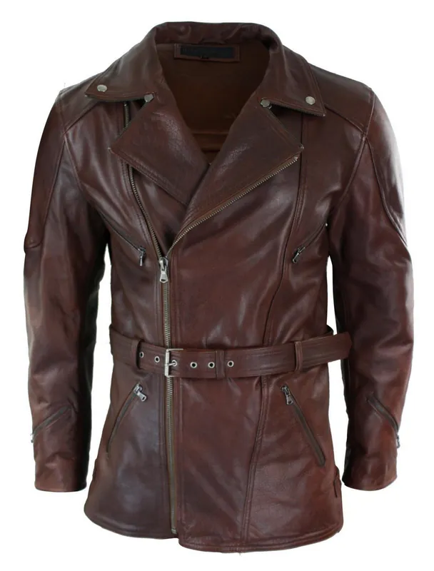 Belted Long Leather Moto Jacket With CE Armour - TruClothing