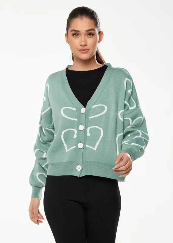 All Heart Cardigan In Green & White - Liquorish
