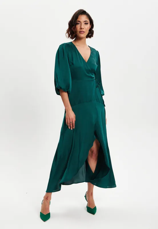 Dark Green Midi Wrap Dress With Short Puff Sleeves - Liquorish