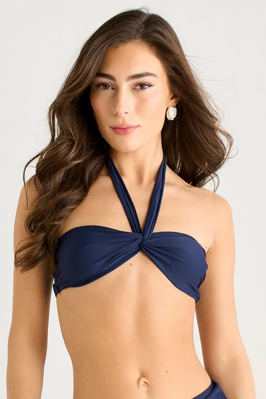 Navy Twist Front Halter Neck Bikini Top - Gini London