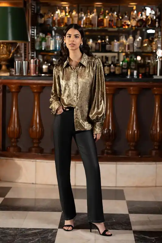 Gold Metallic Relaxed Balloon Sleeve Shirt - Yumi
