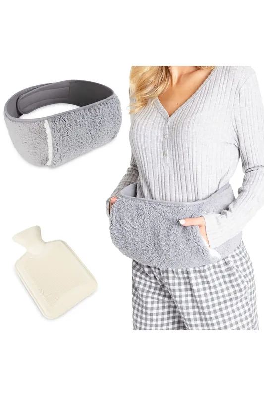 Waist Hot Water Bottle Grey Wearable Pain Relief Fluffy Waist Cover - CityComfort