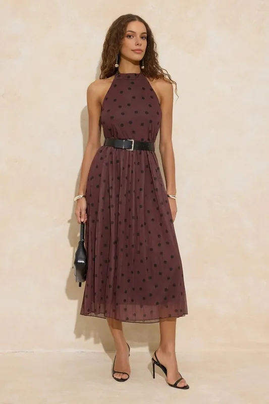 Polka Dot Halterneck Pleated Midi Dress - WOVCOR