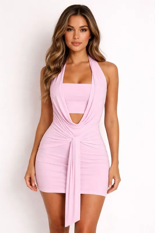 Draped Cowl Halter Neck Bodycon Mini Dress - STYLEWISE