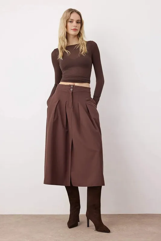 High Waist Pleated Midi Skirt with Button Detail - WOVCOR