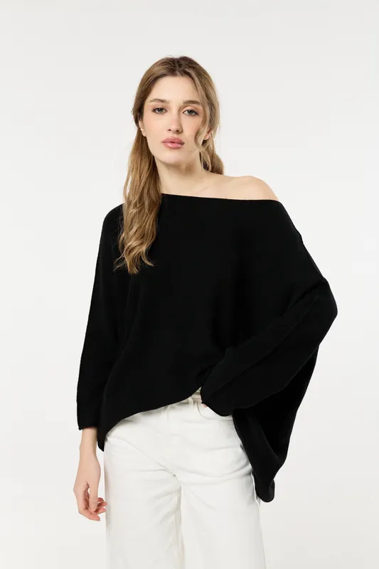 Black Off Shoulder Relaxed Knit Jumper - Liquorish
