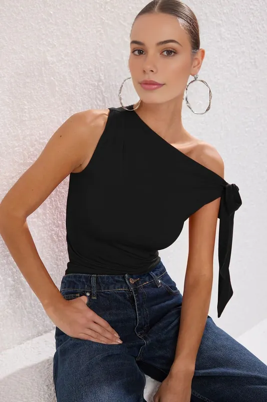 Asymmetric One Shoulder Jersey Top with Tie Detail - WOVCOR