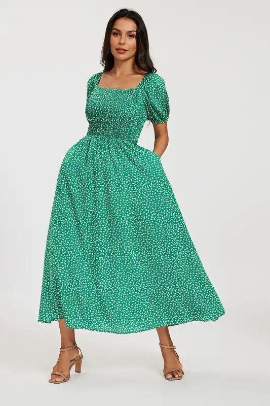 Floral Shirred Square Neck Midi Dress with Puff Sleeves - FS Collection
