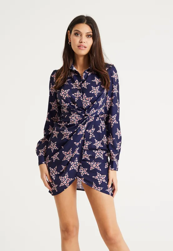Leopard Star Print Mini Dress With Collar And Twisted Front Detail In Navy - Liquorish