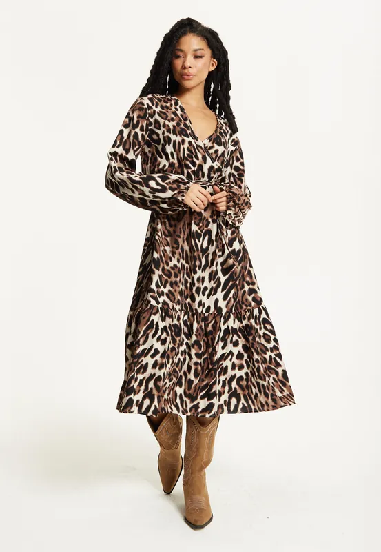 Leopard Print Long Sleeve Midi Dress - Liquorish