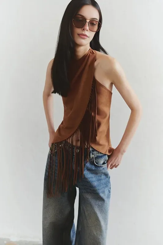 Faux Suede Halter Neck Fringe Detail Wrap Waistcoat - WOVCOR