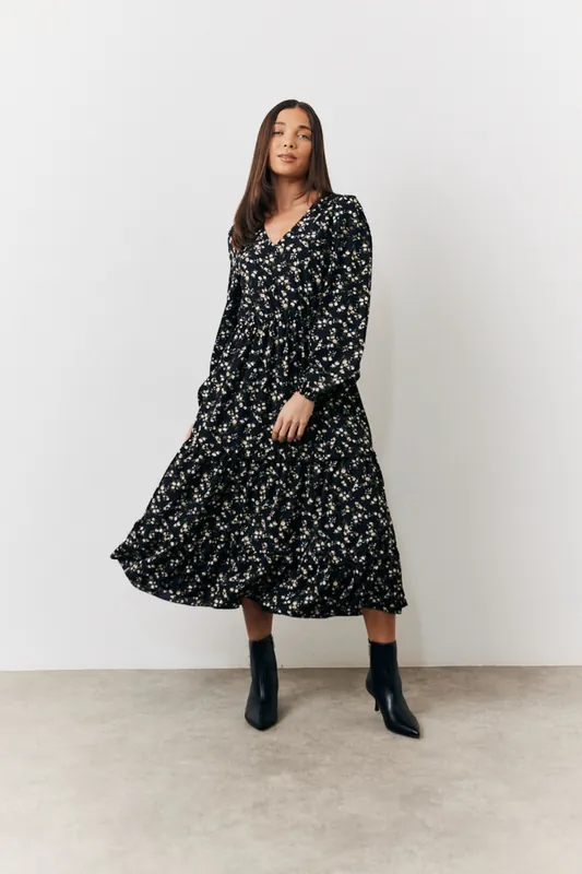Black Ditsy Wrap Midi Dress - In The Style