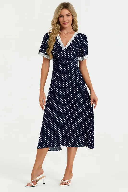 Lace Trim Dot Print Midi Dress In Navy - FS Collection