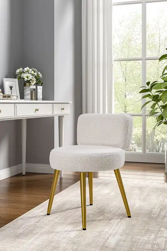 Cream Faux Fur Vanity Stool Chair with Metal Legs - Living and Home