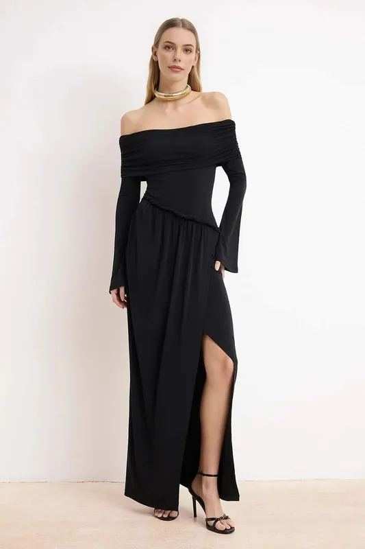 Bardot Split Detail Long Sleeve Maxi Evening Dress - WOVCOR