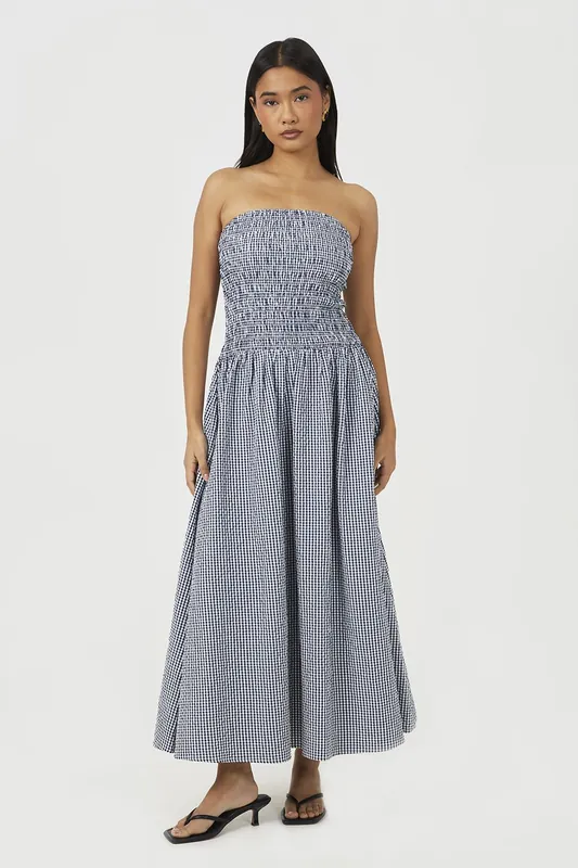 Gingham Sleeveless Ruched Bodice MidI Dress - Brave Soul