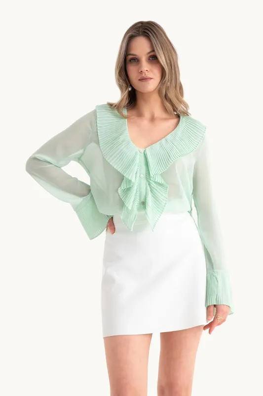 V Neck Buttoned Bell Sleeves Mesh Blouse - Hiccup