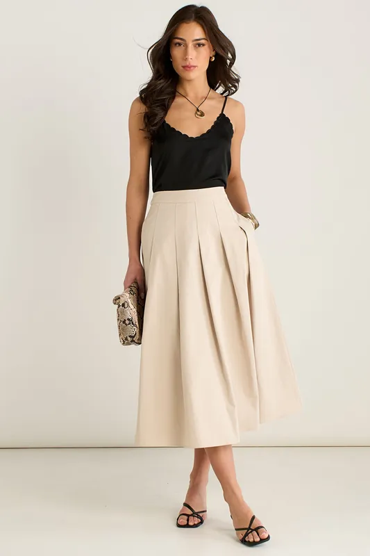 Stone Cotton Pleated Full Midi Skirt - Gini London