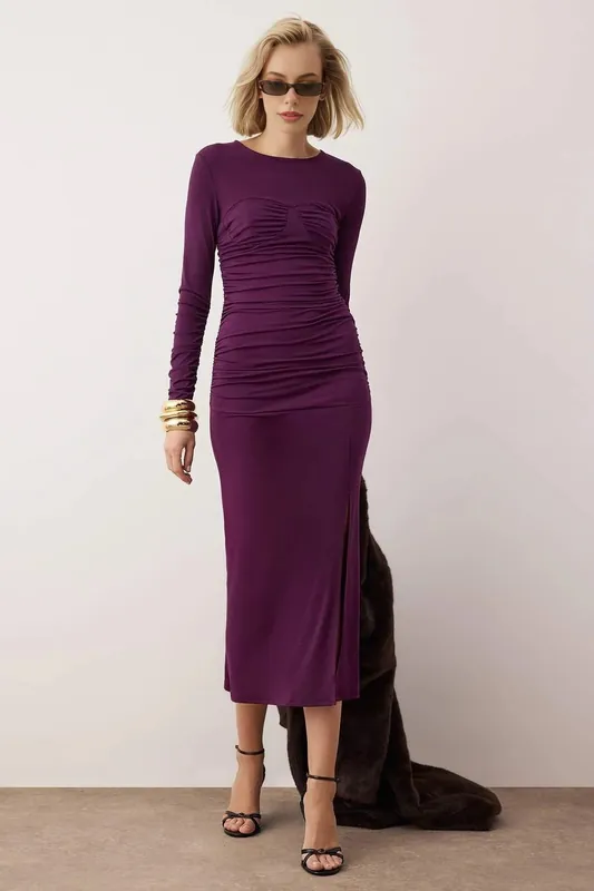 Ruched Detail Long Sleeve Knit Maxi Dress - WOVCOR
