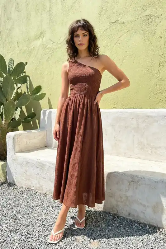 One Shoulder Textured Gathered Waist Midi Dress - WOVCOR