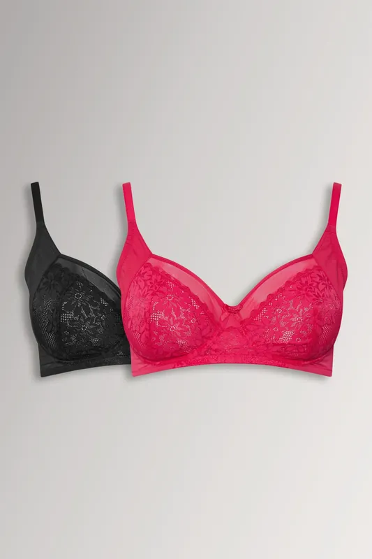 2 Pack Lace Mesh Underwired Bras - Yours