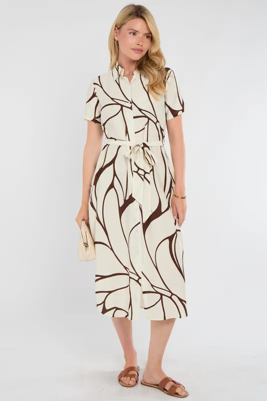Brown Graphic Wave Print Short Sleeve Midi Shirt Dress - Love Sunshine
