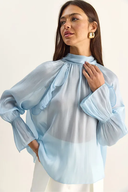 Frilly Mandarin Collar Button-Up Shirt