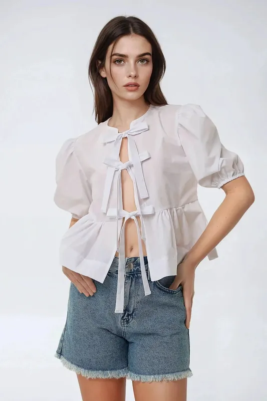Cotton Crew Neck Blouse with Bow Detail - Hiccup