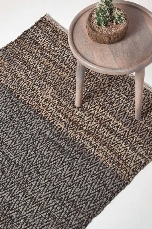 Leather Handwoven Herringbone Rug - Homescapes