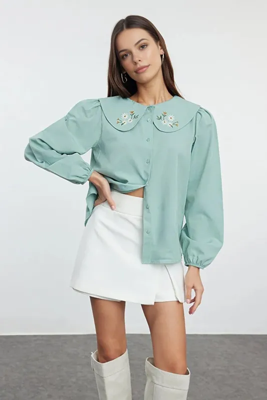 Embroidered Collar Woven Shirt With Balloon Sleeves - WOVCOR