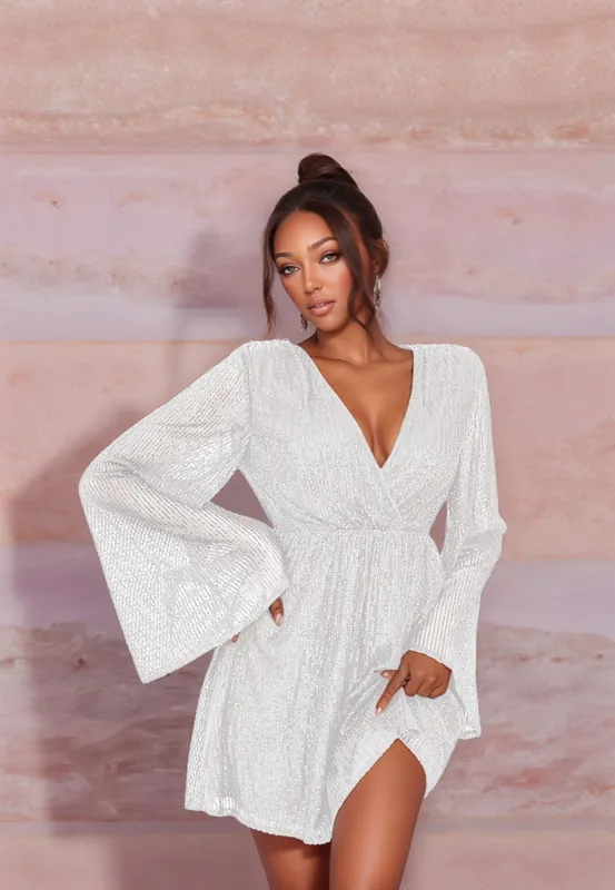 White Sequin Flare Sleeve Dress - Divine Grace