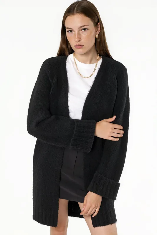 Long Ribbed Knit Cardigan with Open Collar - Hiccup