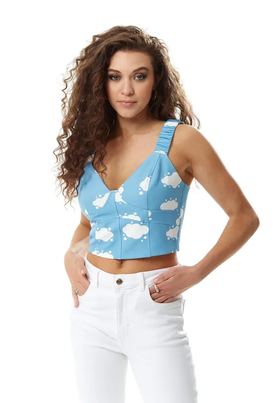 Cloud Print Cropped Top in Blue - Liquorish