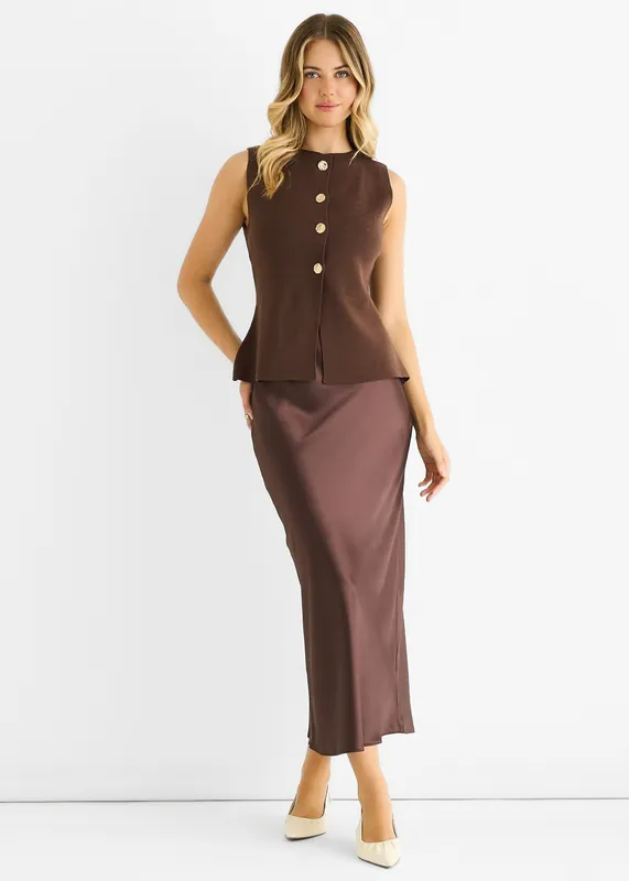 Chocolate Button Front Compact Knit Waistcoat - Gini London